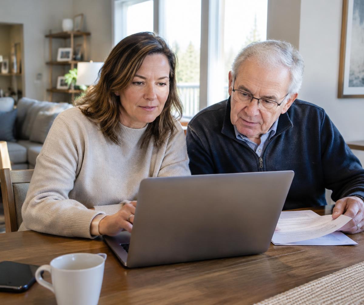 A daughter and her father reviewing documents together on a laptop